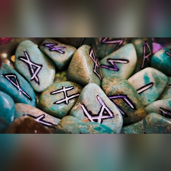 Amazonite Handmade Runestone Set - Nordic Heathen Runes - Pagan Alter Supplies - Picture 3 of 4